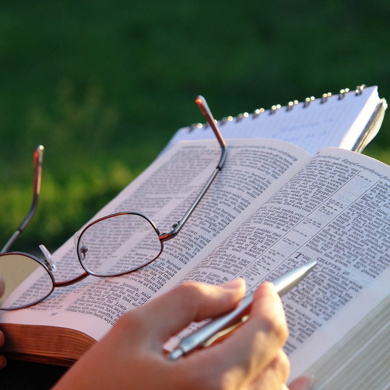 A view with a woman reading the bible